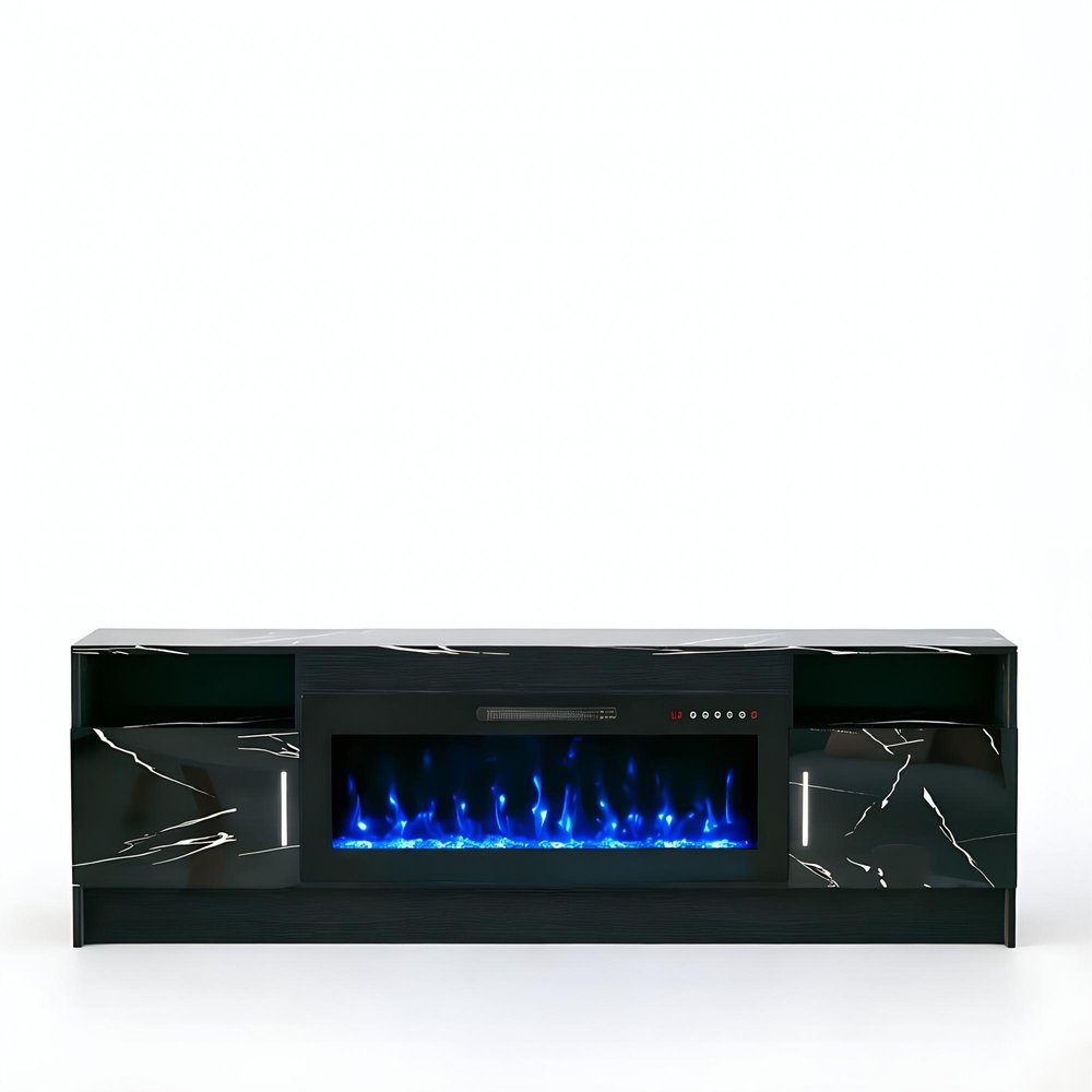 70" Black Wood Fireplace TV Stand With Fireplace