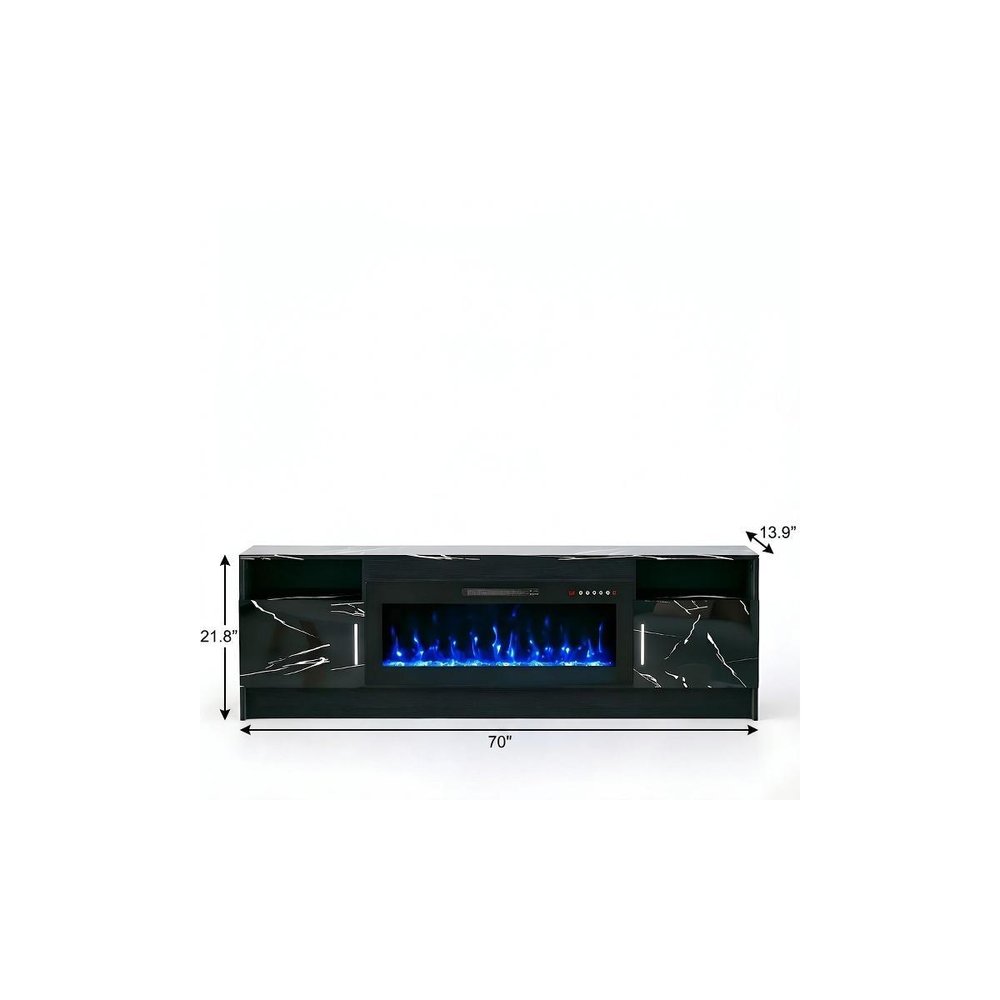 70" Black Wood Fireplace TV Stand With Fireplace