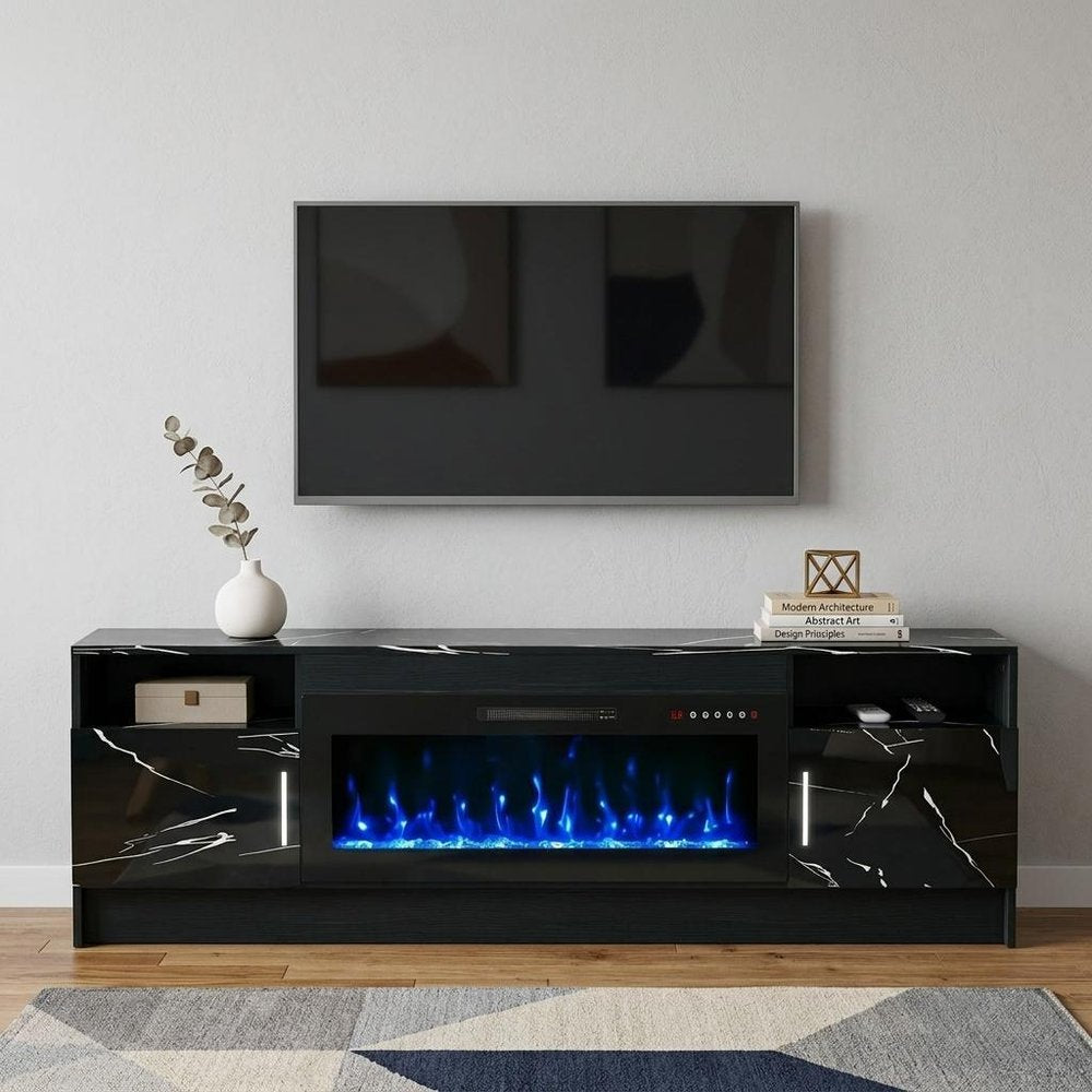 70" Black Wood Fireplace TV Stand With Fireplace