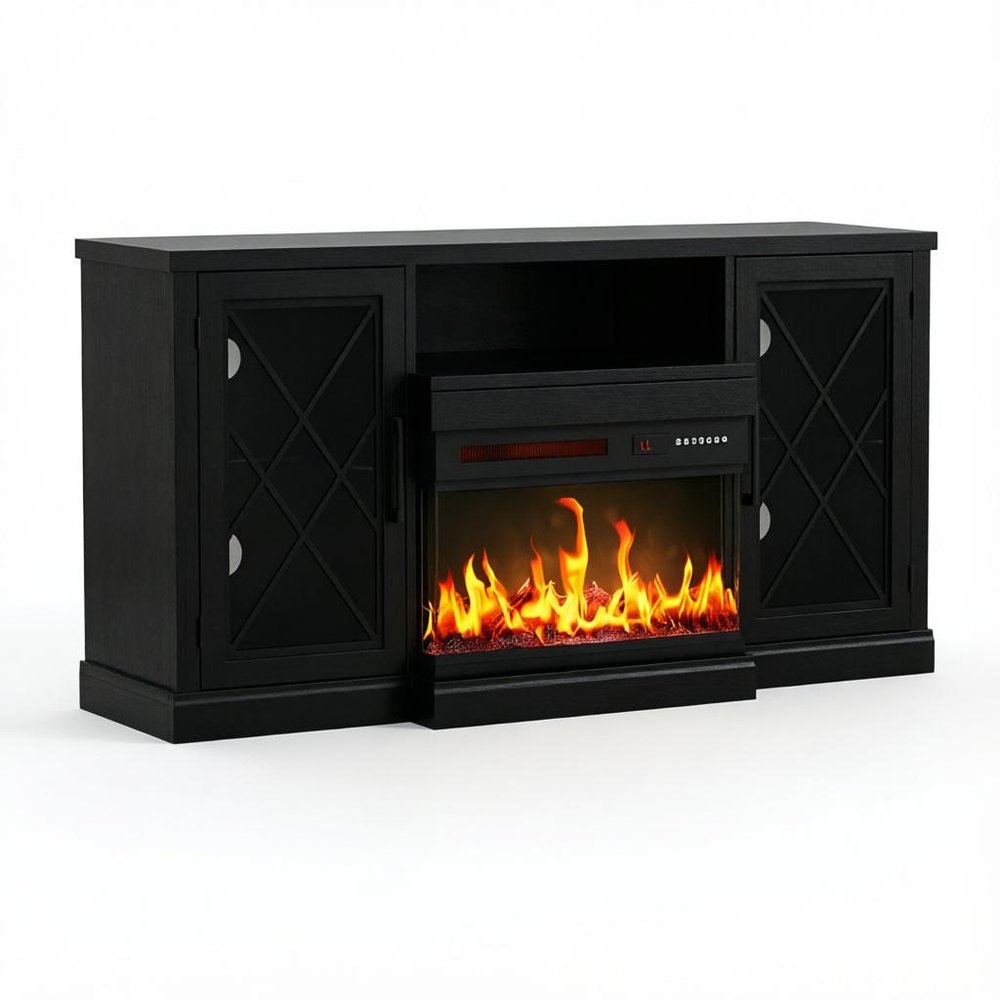 59" Black Wood Fireplace TV Stand With Fireplace