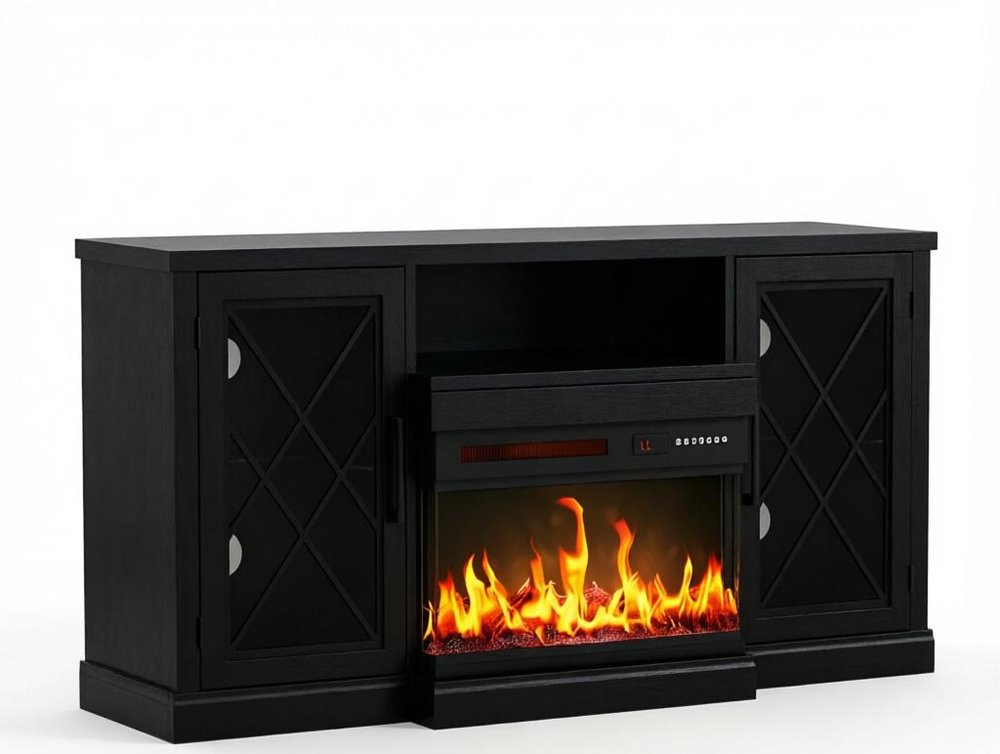 59" Black Wood Fireplace TV Stand With Fireplace