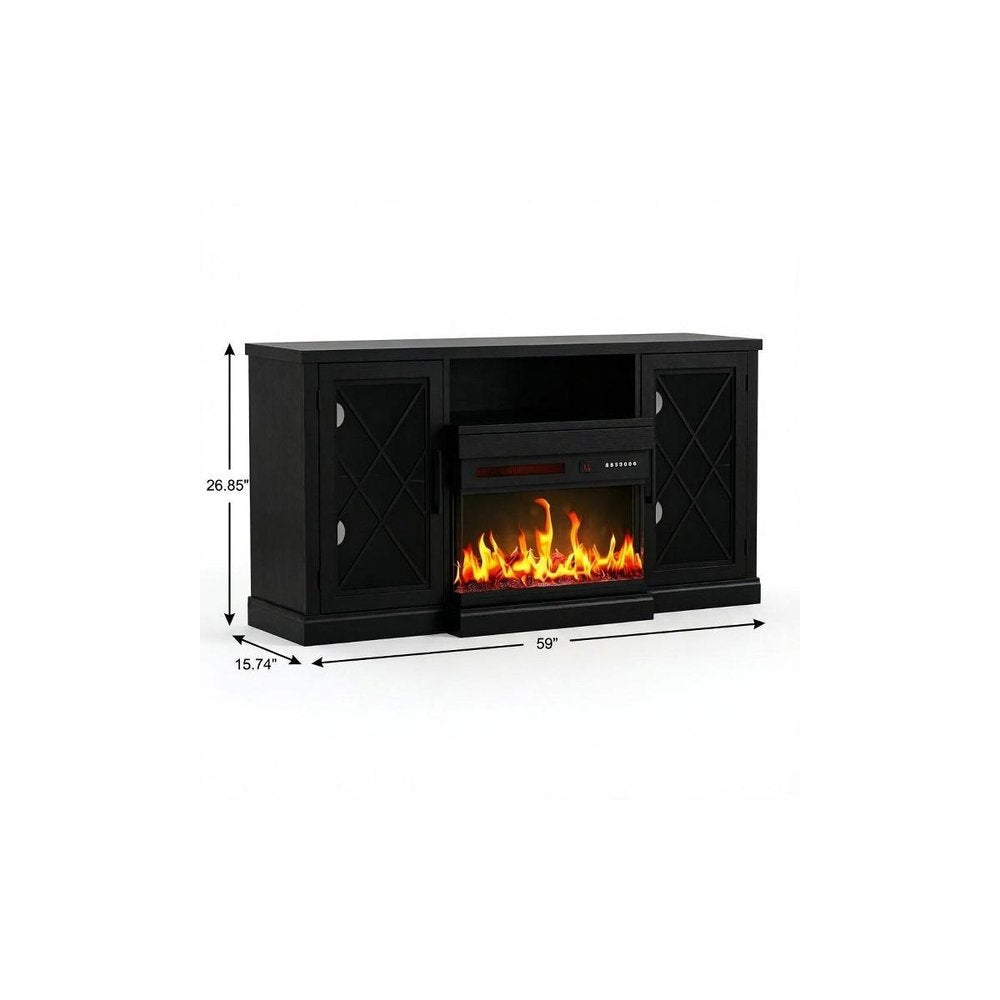 59" Black Wood Fireplace TV Stand With Fireplace