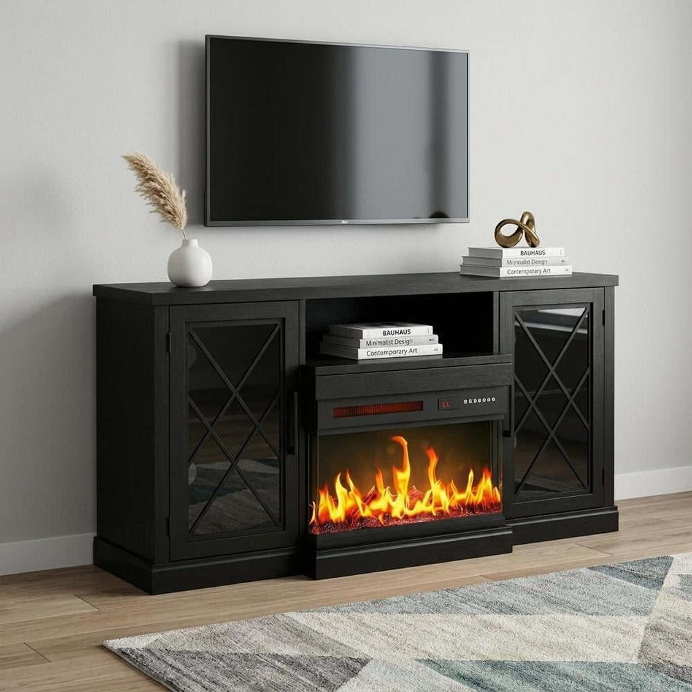 59" Black Wood Fireplace TV Stand With Fireplace