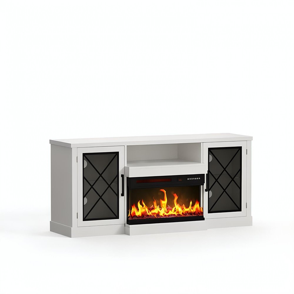 59" White Wood Fireplace TV Stand With Fireplace