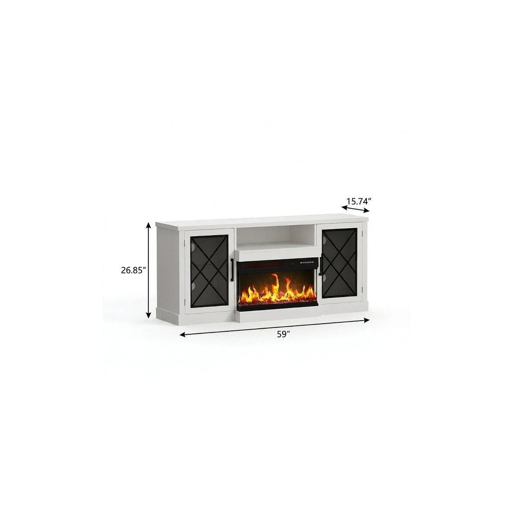 59" White Wood Fireplace TV Stand With Fireplace