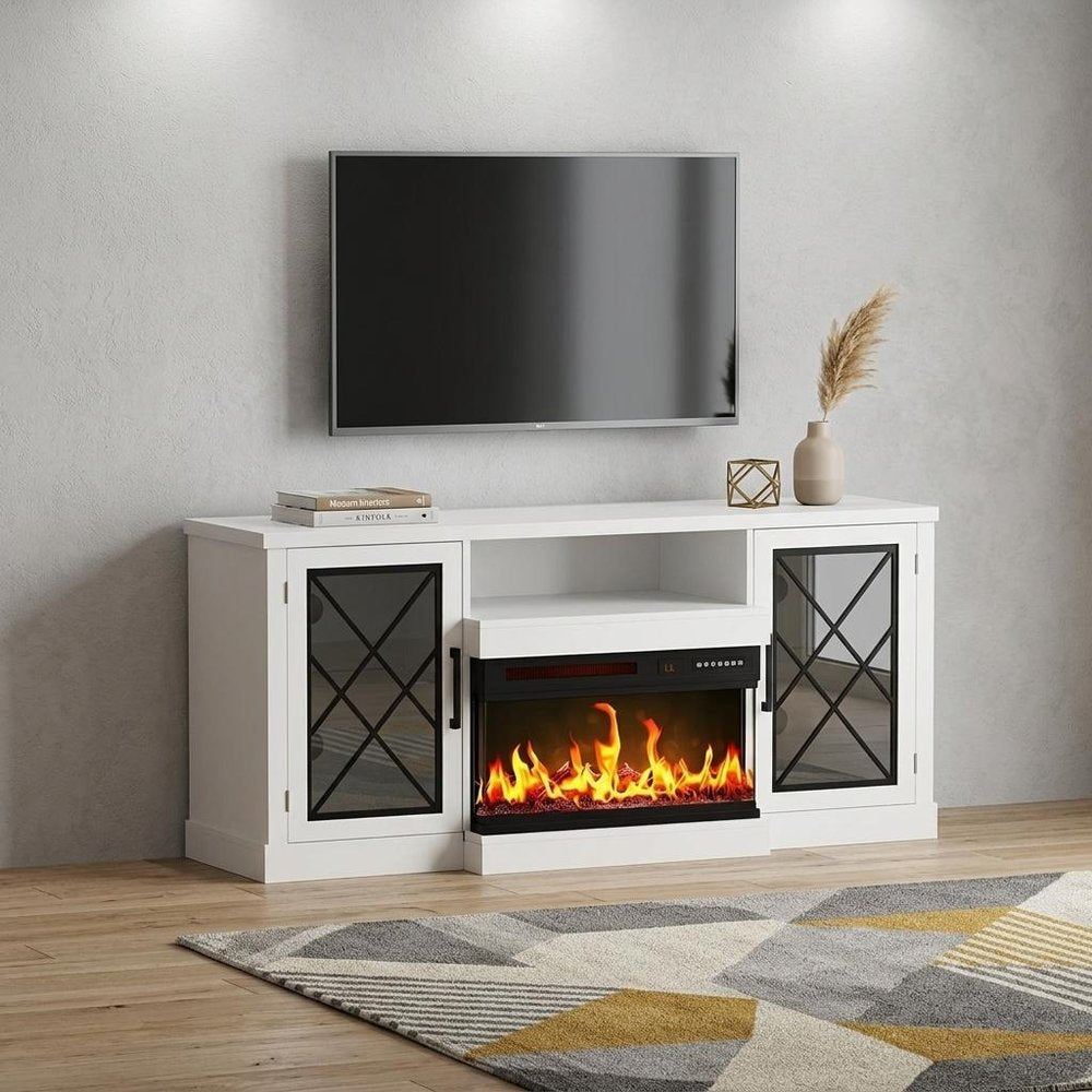 59" White Wood Fireplace TV Stand With Fireplace