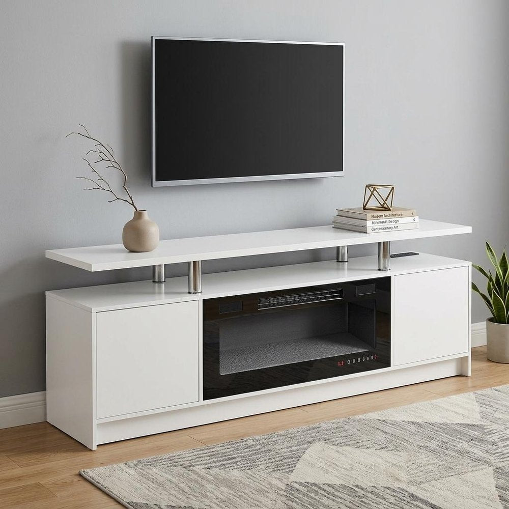 70" White Wood Fireplace TV Stand With Fireplace