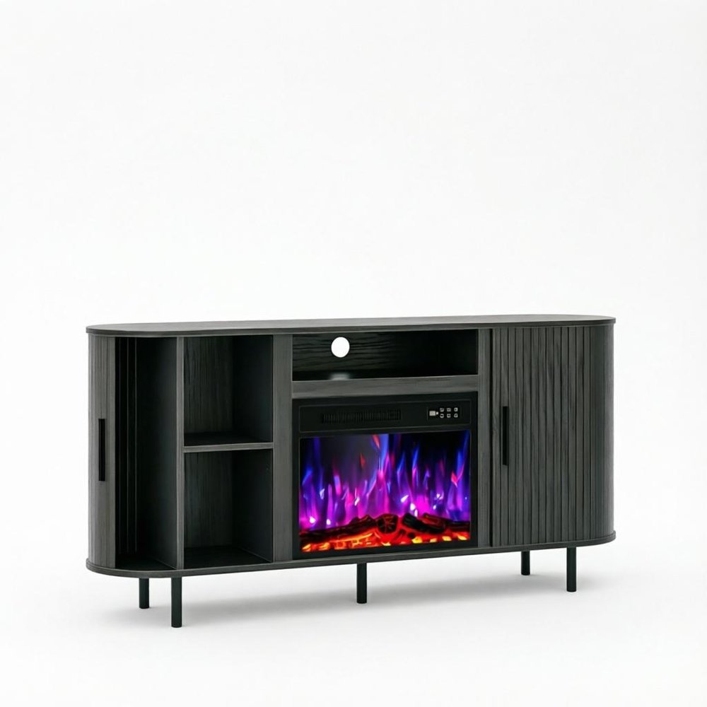 65" Black Wood Fireplace TV Stand With Fireplace