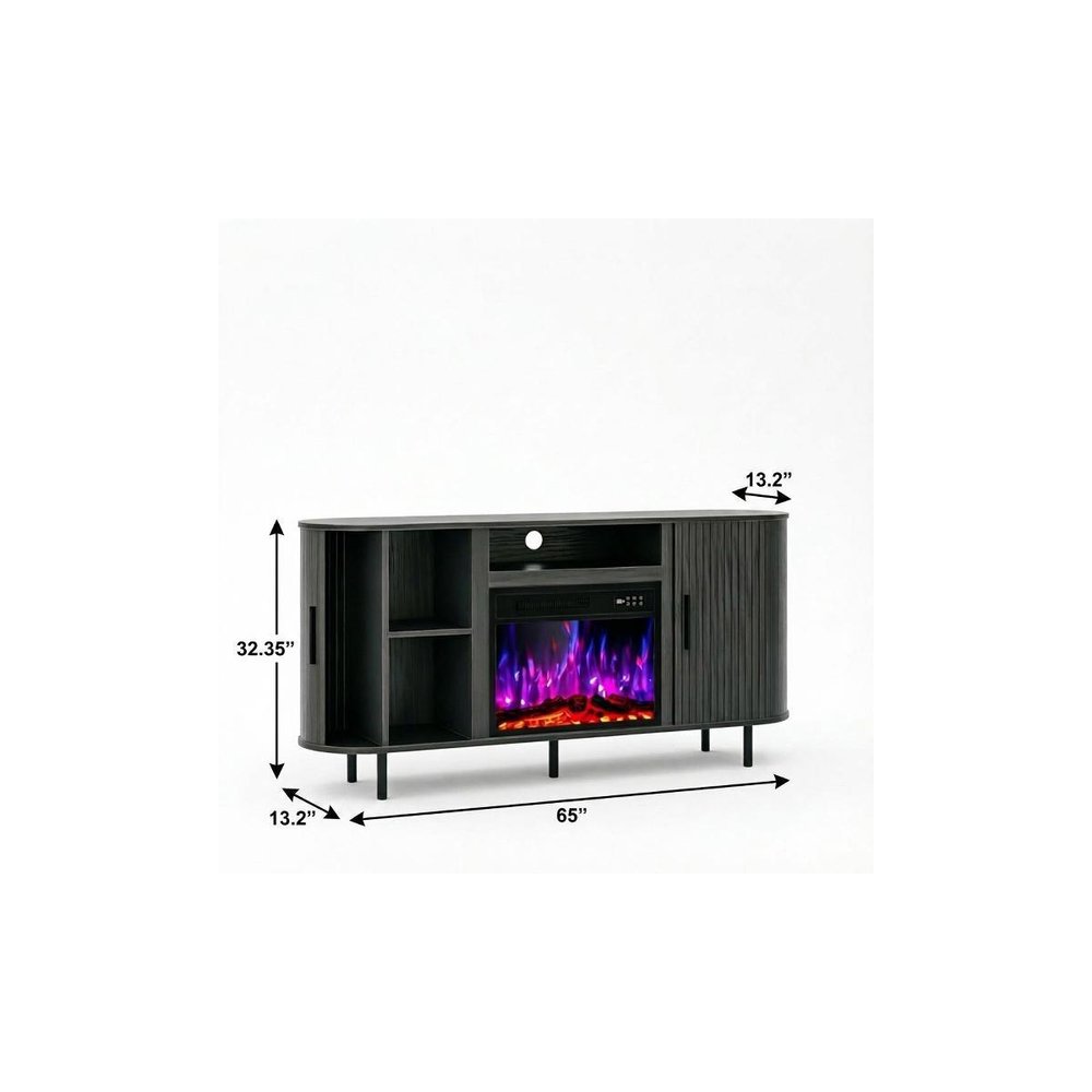 65" Black Wood Fireplace TV Stand With Fireplace