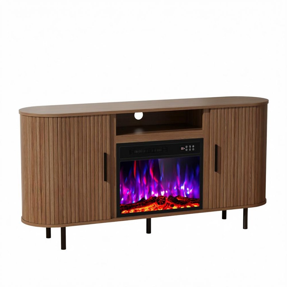65" Brown Wood Fireplace TV Stand With Fireplace