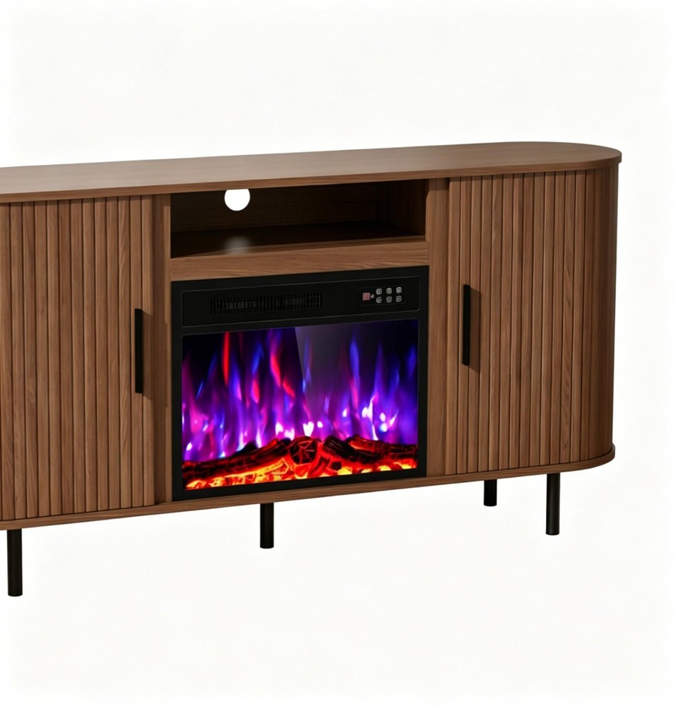 65" Brown Wood Fireplace TV Stand With Fireplace