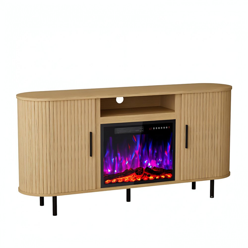 65" Beige Wood Fireplace TV Stand With Fireplace