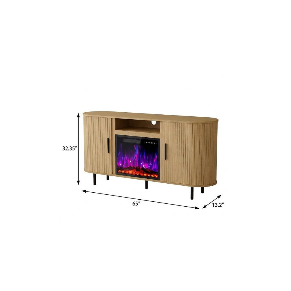 65" Beige Wood Fireplace TV Stand With Fireplace