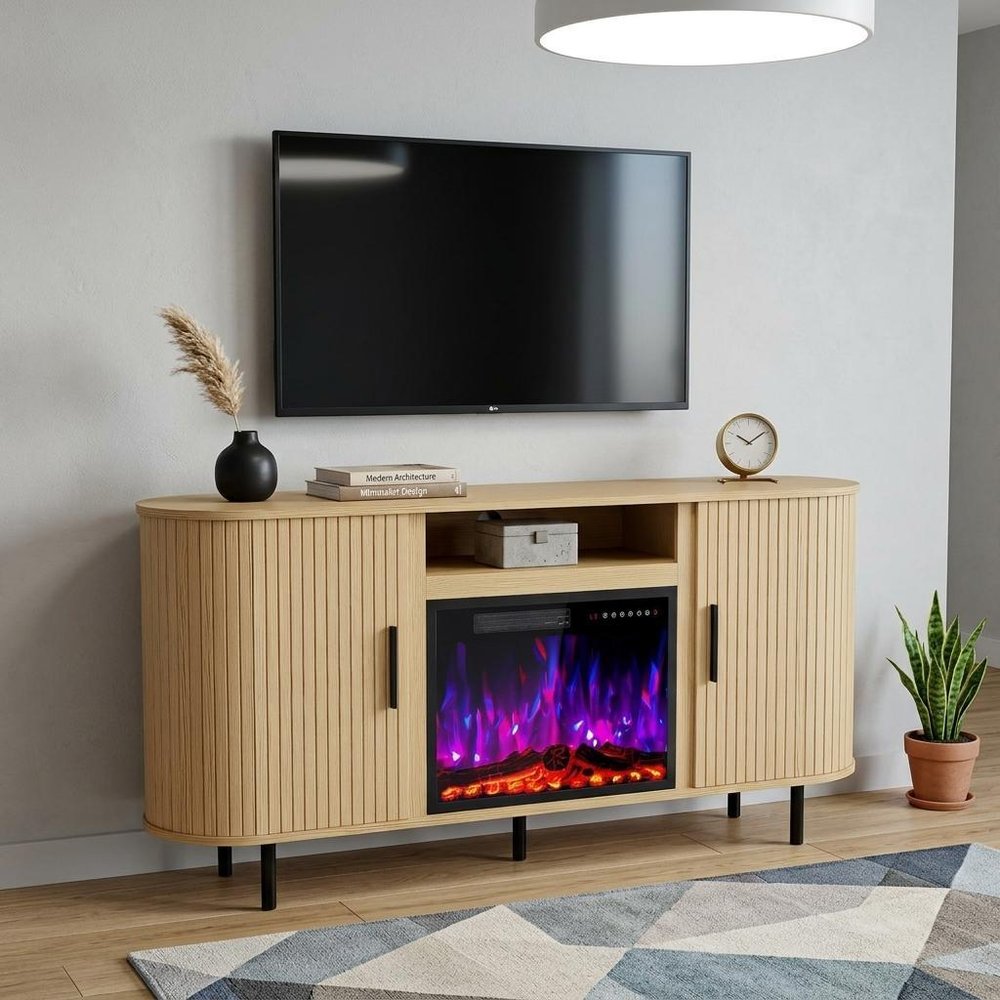 65" Beige Wood Fireplace TV Stand With Fireplace