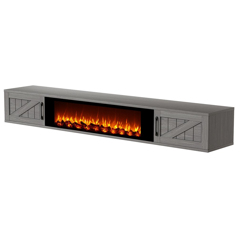67" Gray Wood Floating Mount TV Stand With Fireplace