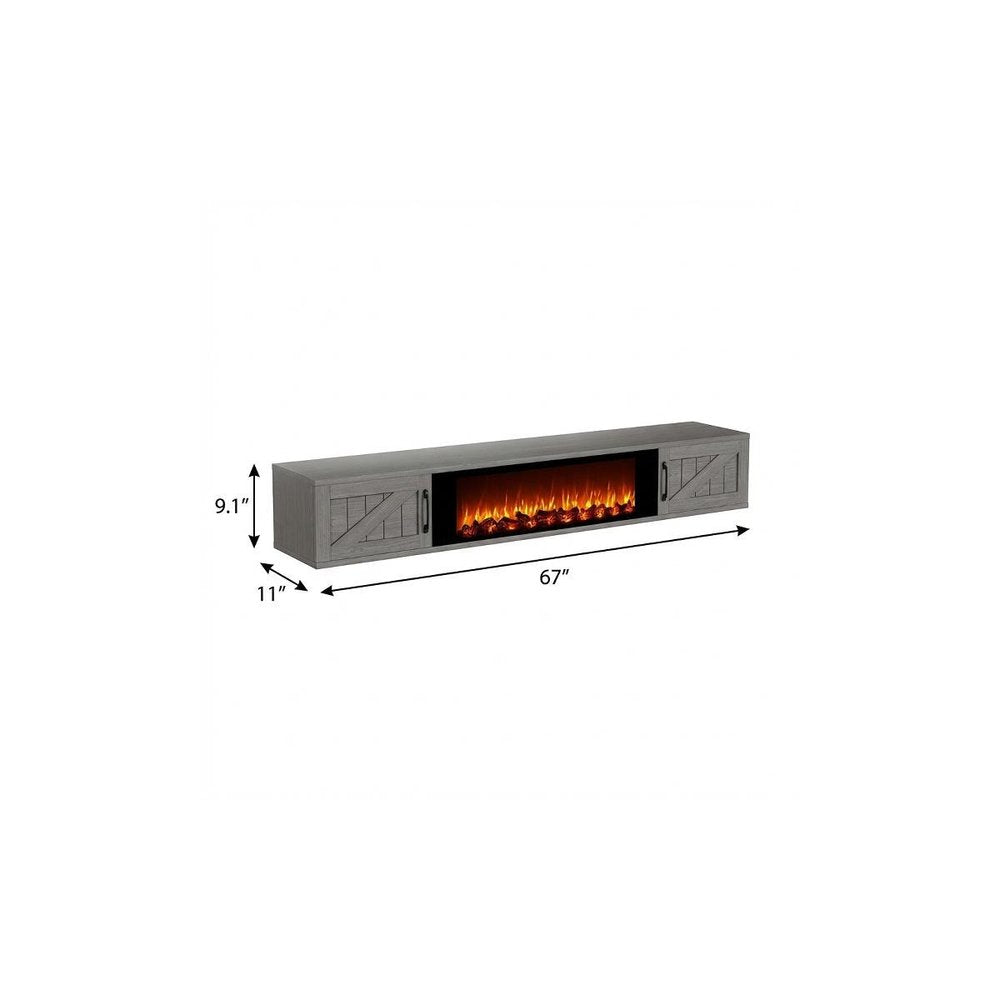 67" Gray Wood Floating Mount TV Stand With Fireplace