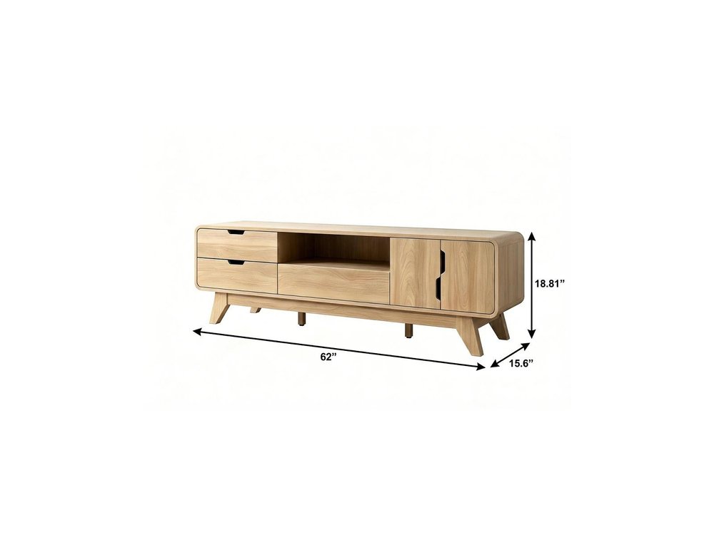 62" Beige Wood Enclosed and Open Storage TV Stand With Fireplace
