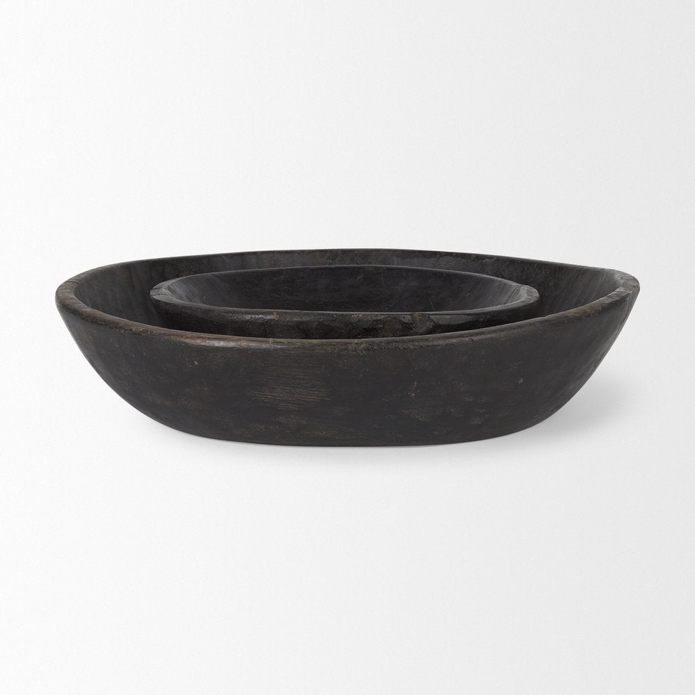 Set of Two Black Solid Wood Round Centerpiece Bowl