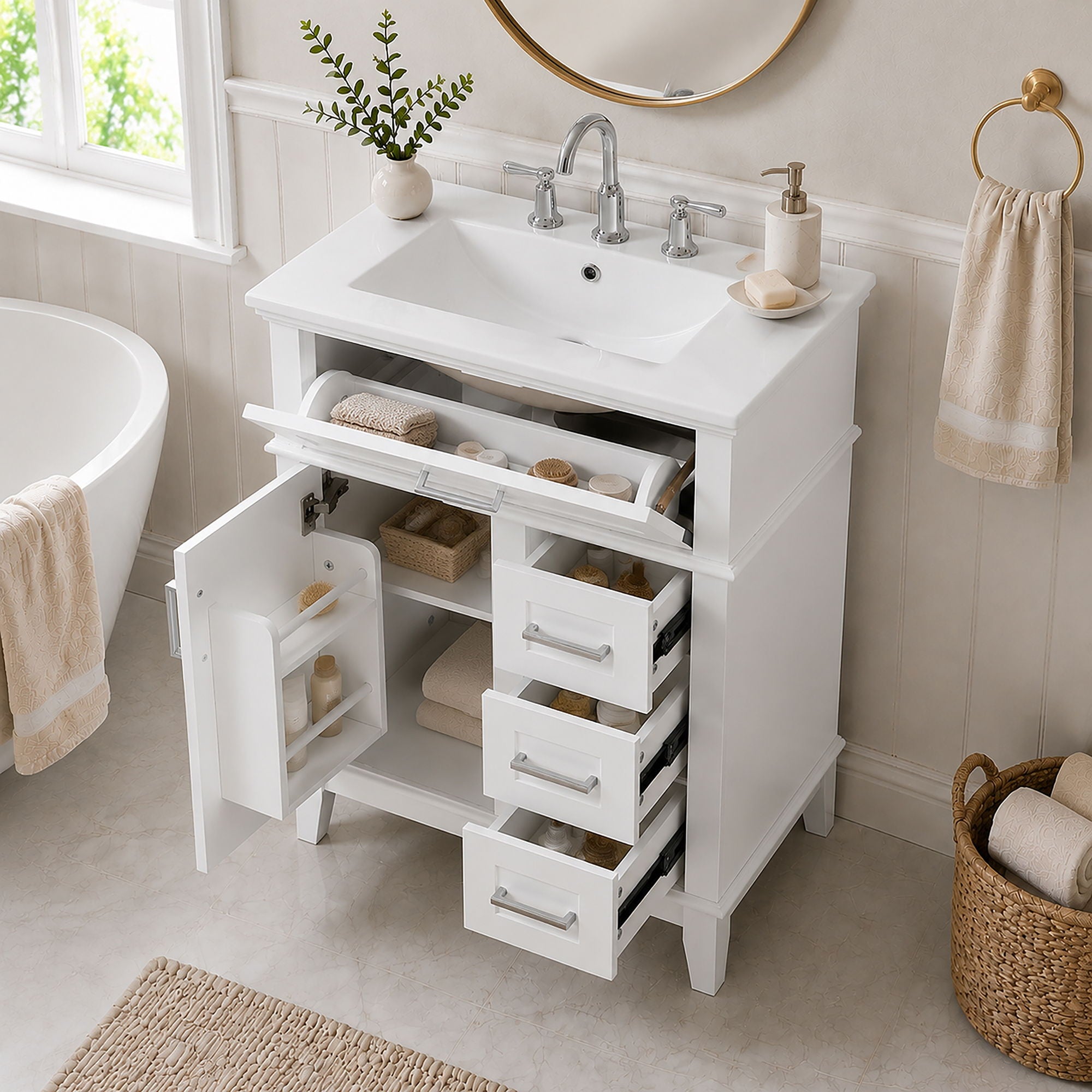 Modern Bathroom Vanity With Sink, Flip Drawer & 3 Drawers, Soft Close Hinges, Adjustable Shelf