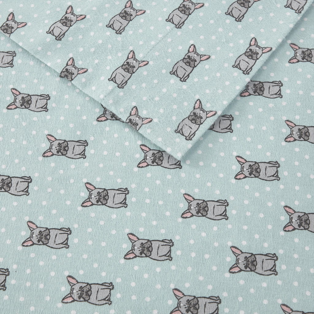 Cozy Flannel - Printed Sheet Set California King - Aqua French Bulldog