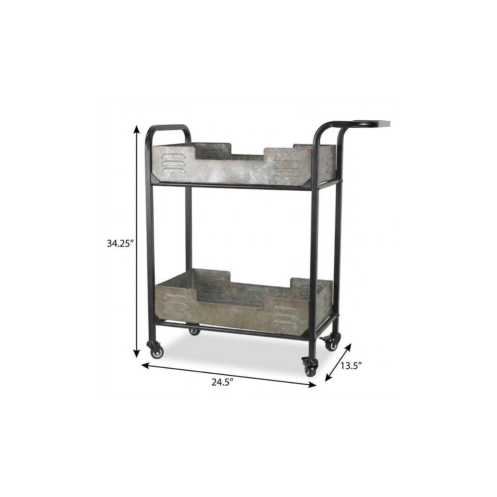25" Brown Metal Distressed Rolling Bar Cart