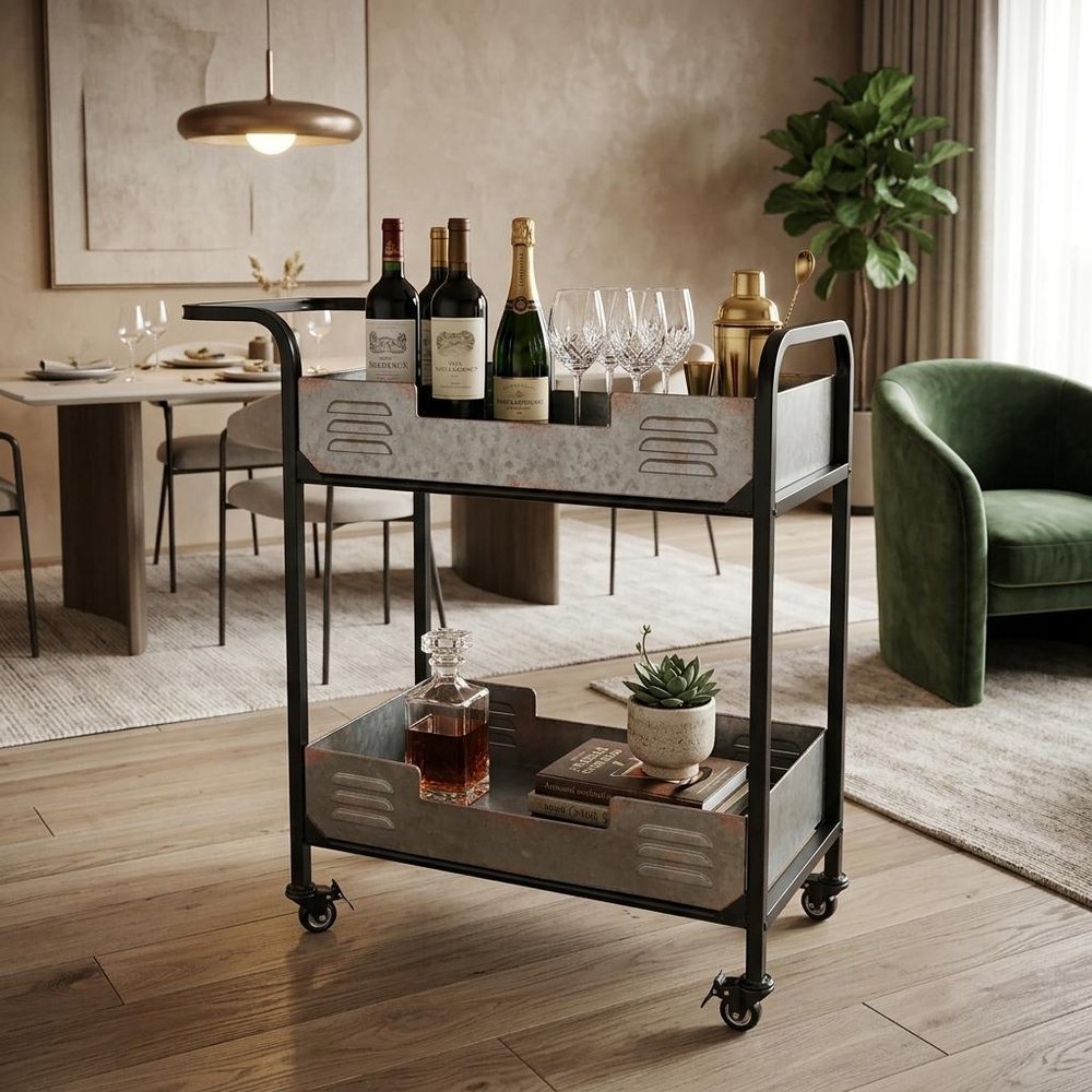 25" Brown Metal Distressed Rolling Bar Cart