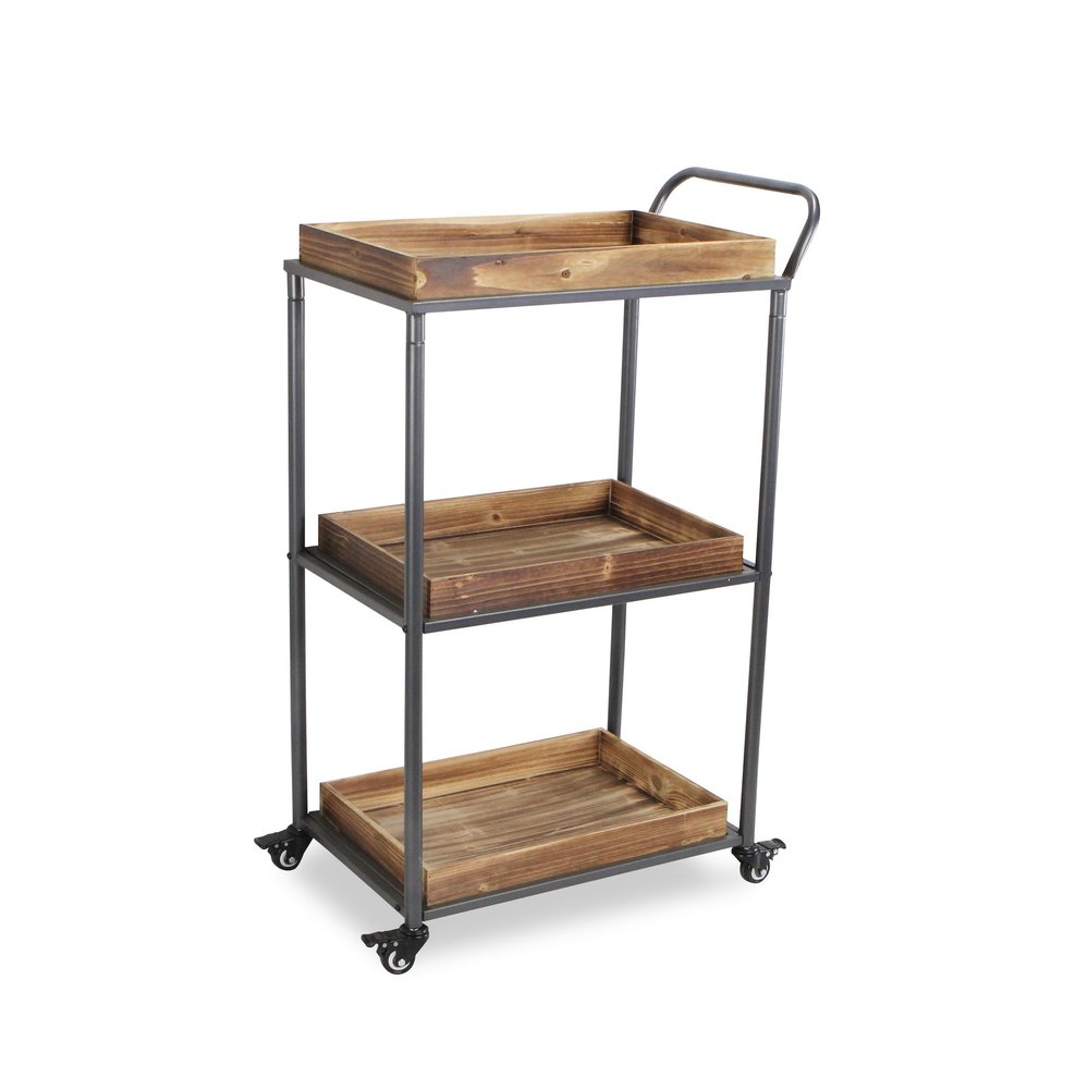 28" Silver Metal and Solid Wood Distressed Rolling Bar Cart