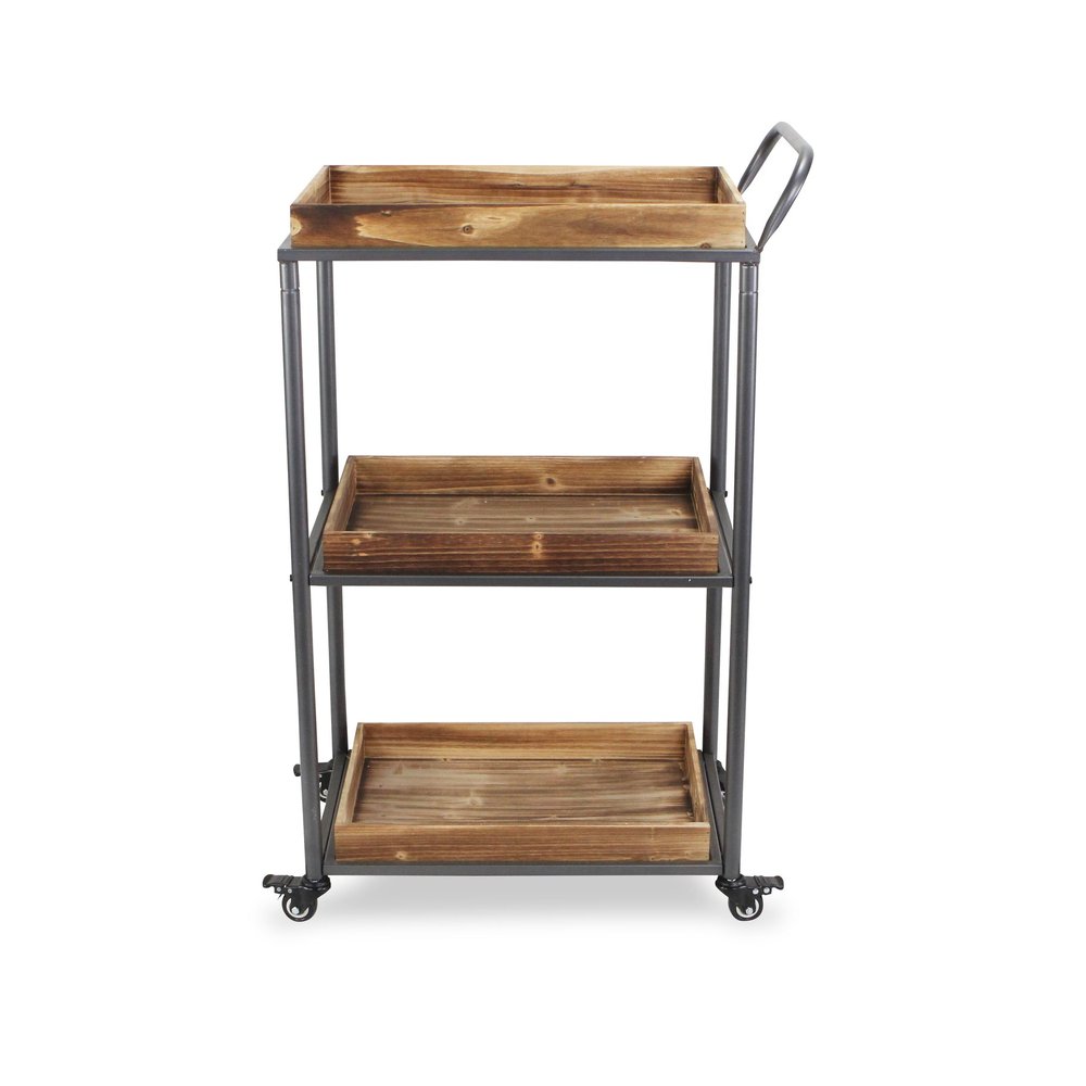 28" Silver Metal and Solid Wood Distressed Rolling Bar Cart