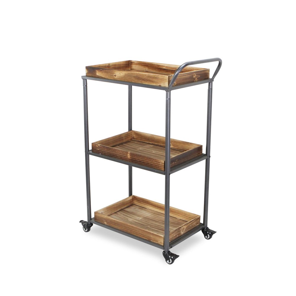 28" Silver Metal and Solid Wood Distressed Rolling Bar Cart