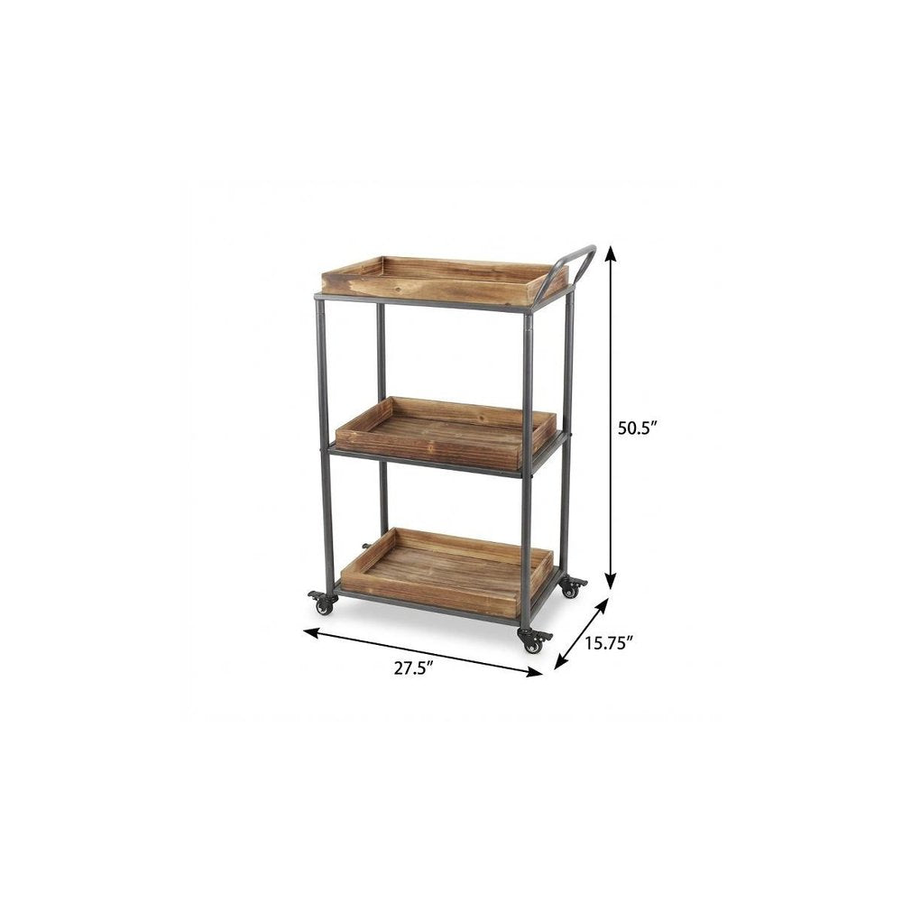 28" Silver Metal and Solid Wood Distressed Rolling Bar Cart