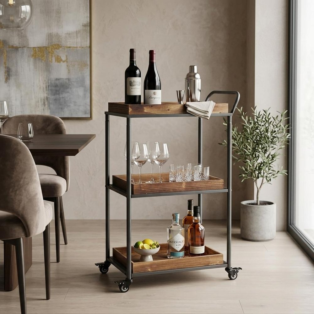 28" Silver Metal and Solid Wood Distressed Rolling Bar Cart
