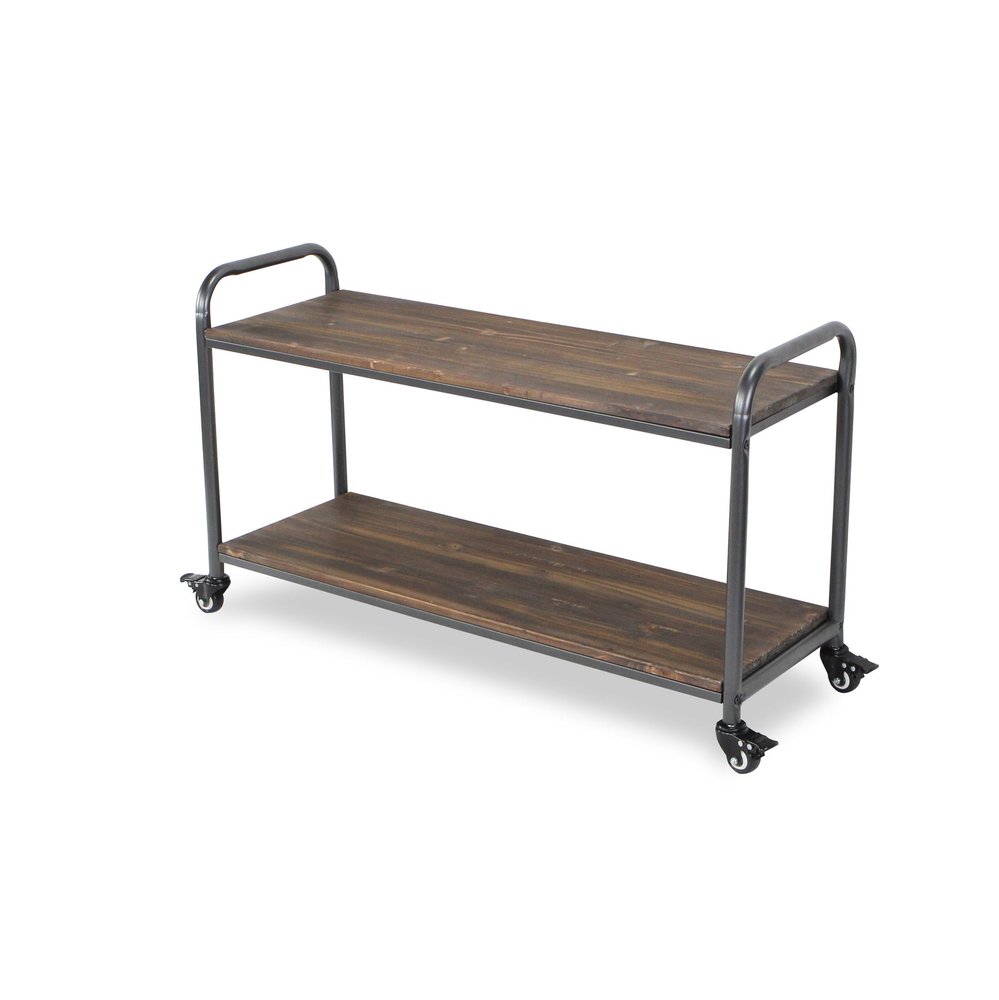 39" Brown Metal and Solid Wood Distressed Rolling Bar Cart