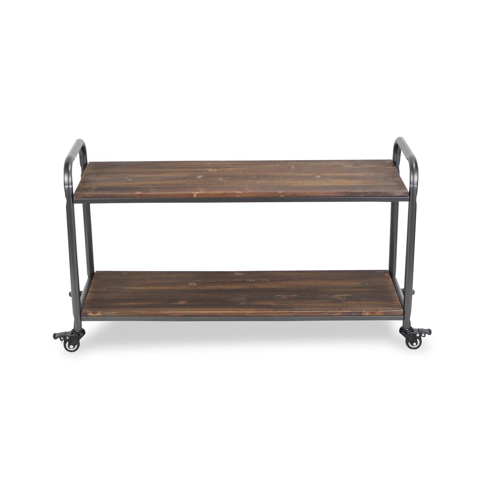 39" Brown Metal and Solid Wood Distressed Rolling Bar Cart