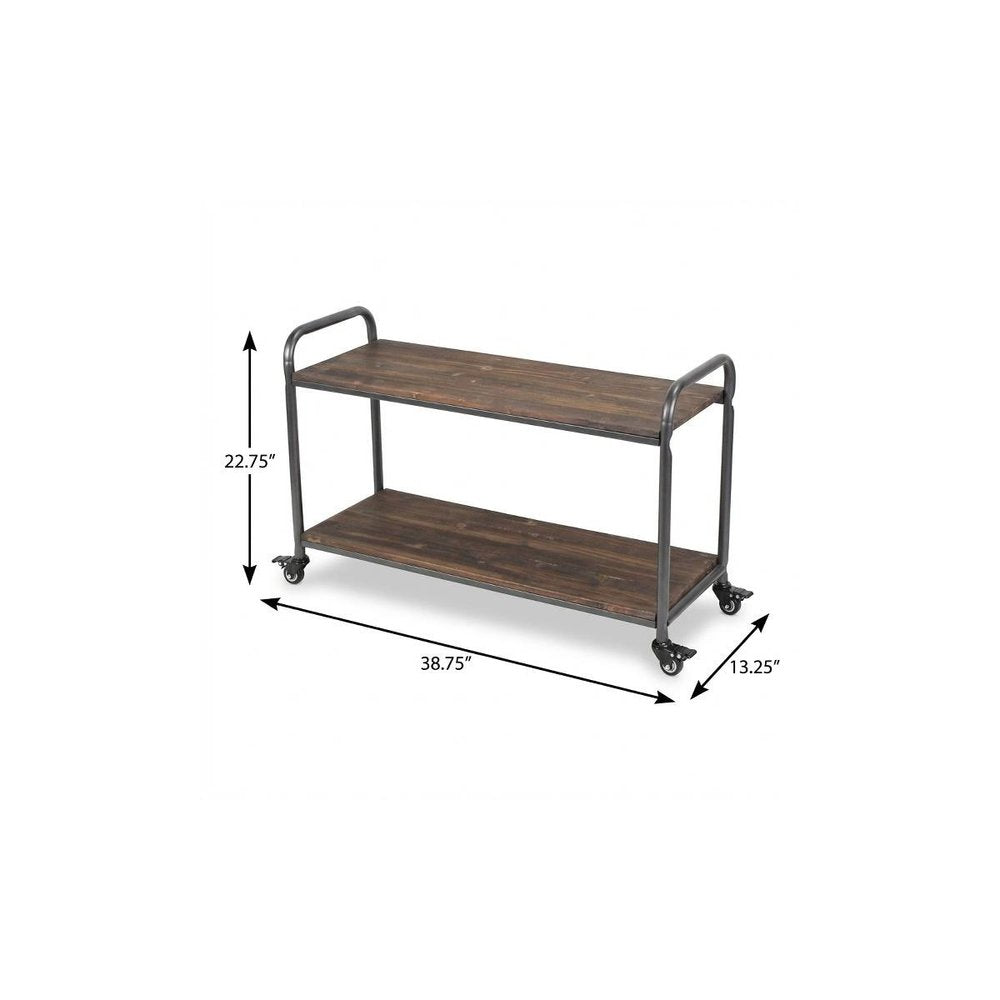 39" Brown Metal and Solid Wood Distressed Rolling Bar Cart