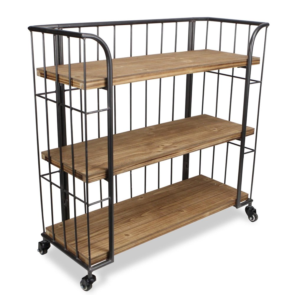 32" Brown Metal and Solid Wood Distressed Rolling Bar Cart