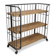 32" Brown Metal and Solid Wood Distressed Rolling Bar Cart