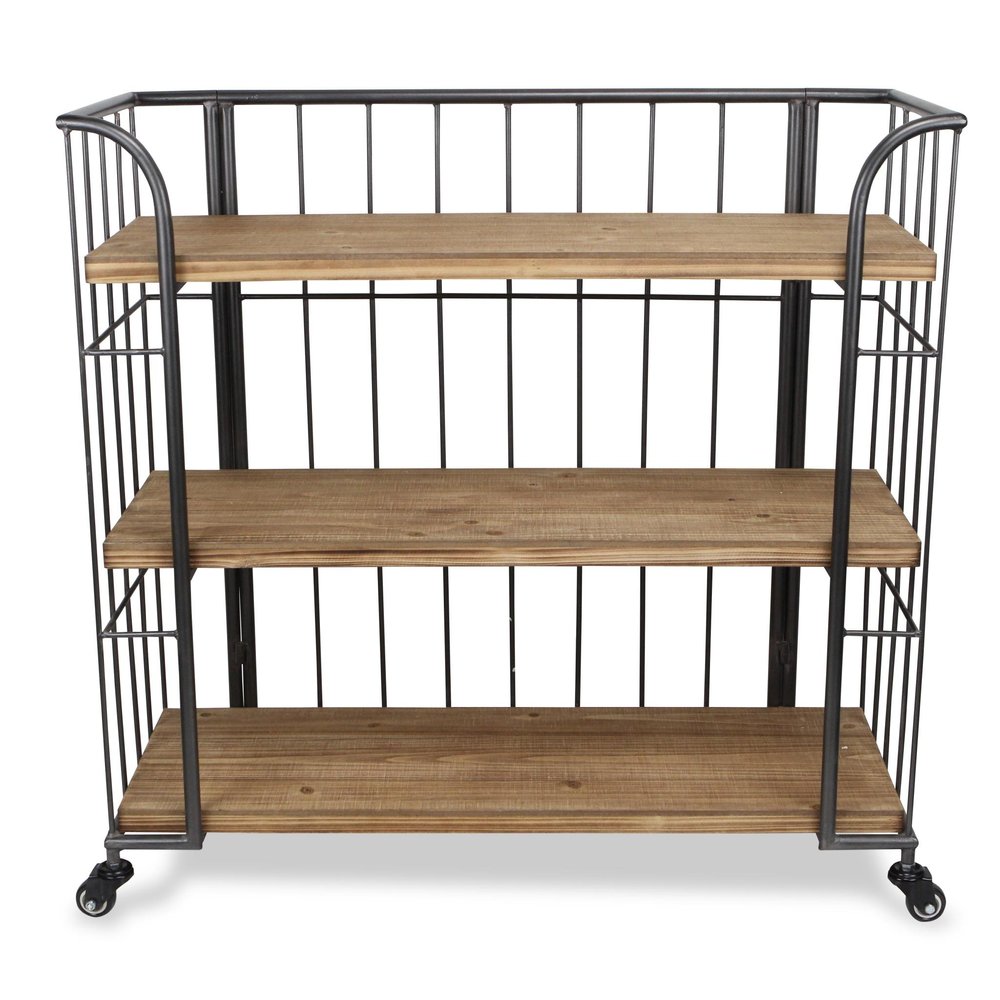 32" Brown Metal and Solid Wood Distressed Rolling Bar Cart