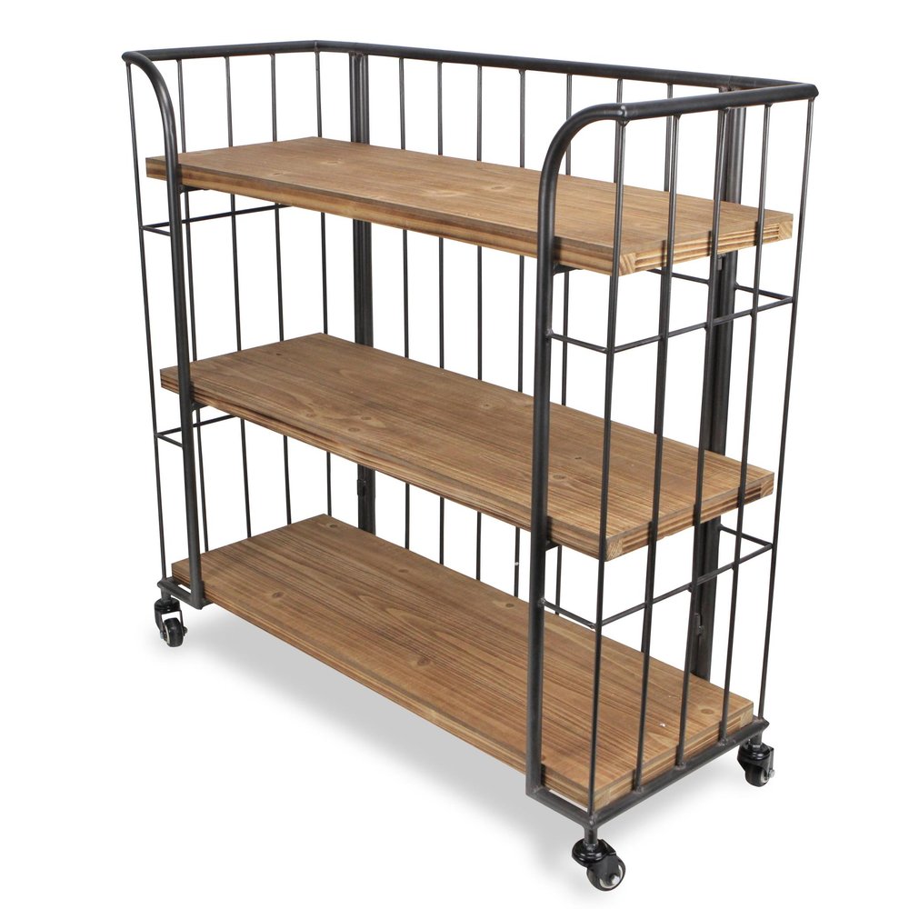 32" Brown Metal and Solid Wood Distressed Rolling Bar Cart