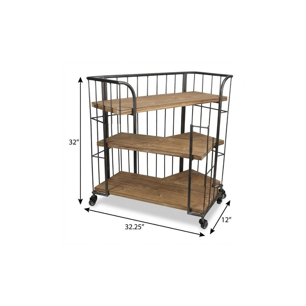 32" Brown Metal and Solid Wood Distressed Rolling Bar Cart