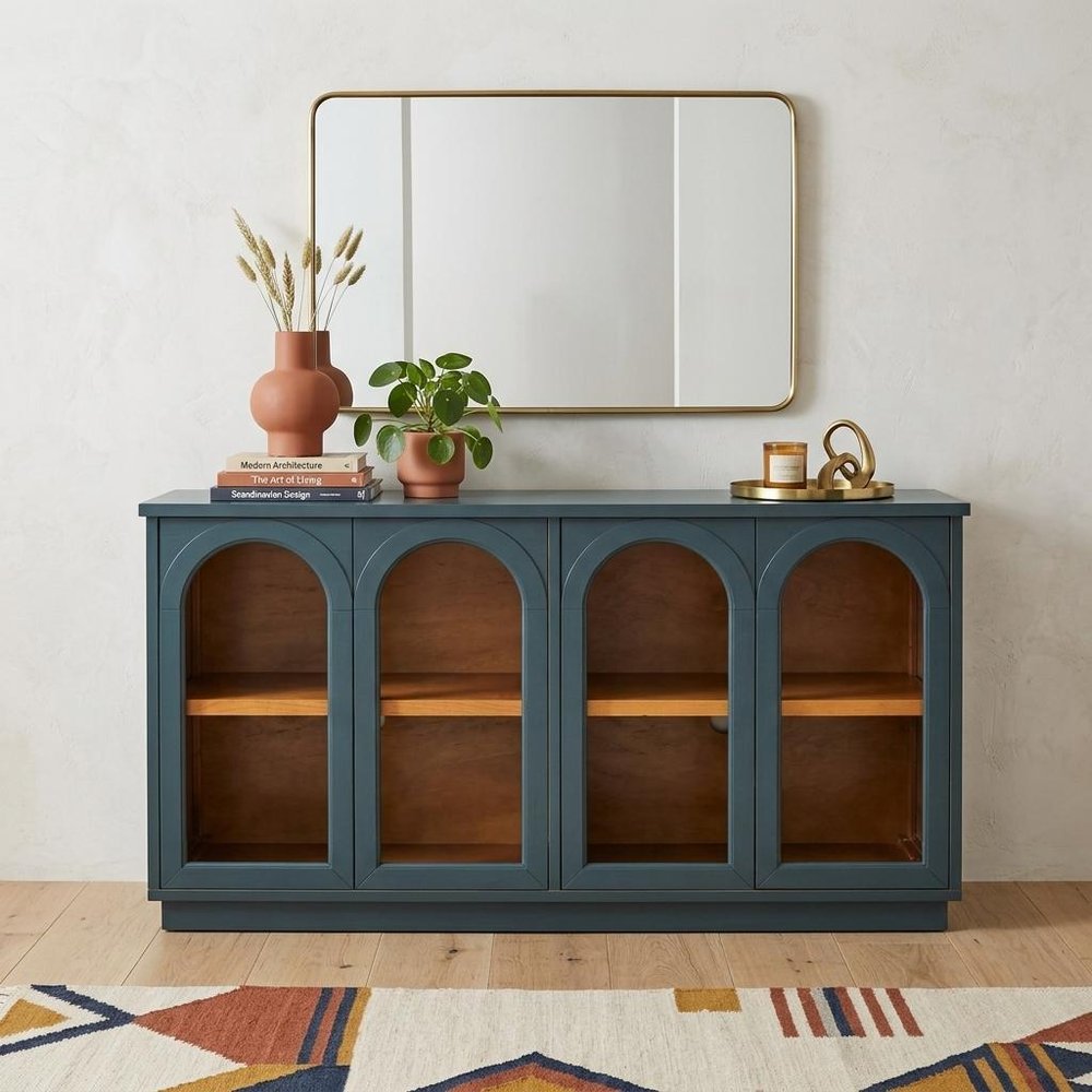 58" Navy Blue Wood Buffet Table With Four Glass Doors