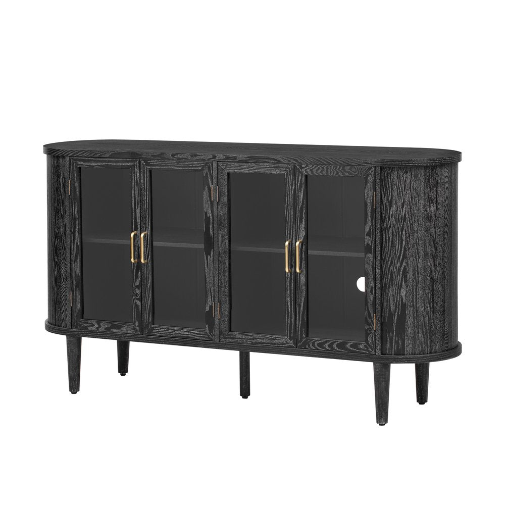 60" Black Wood Buffet Table With Four Glass Doors