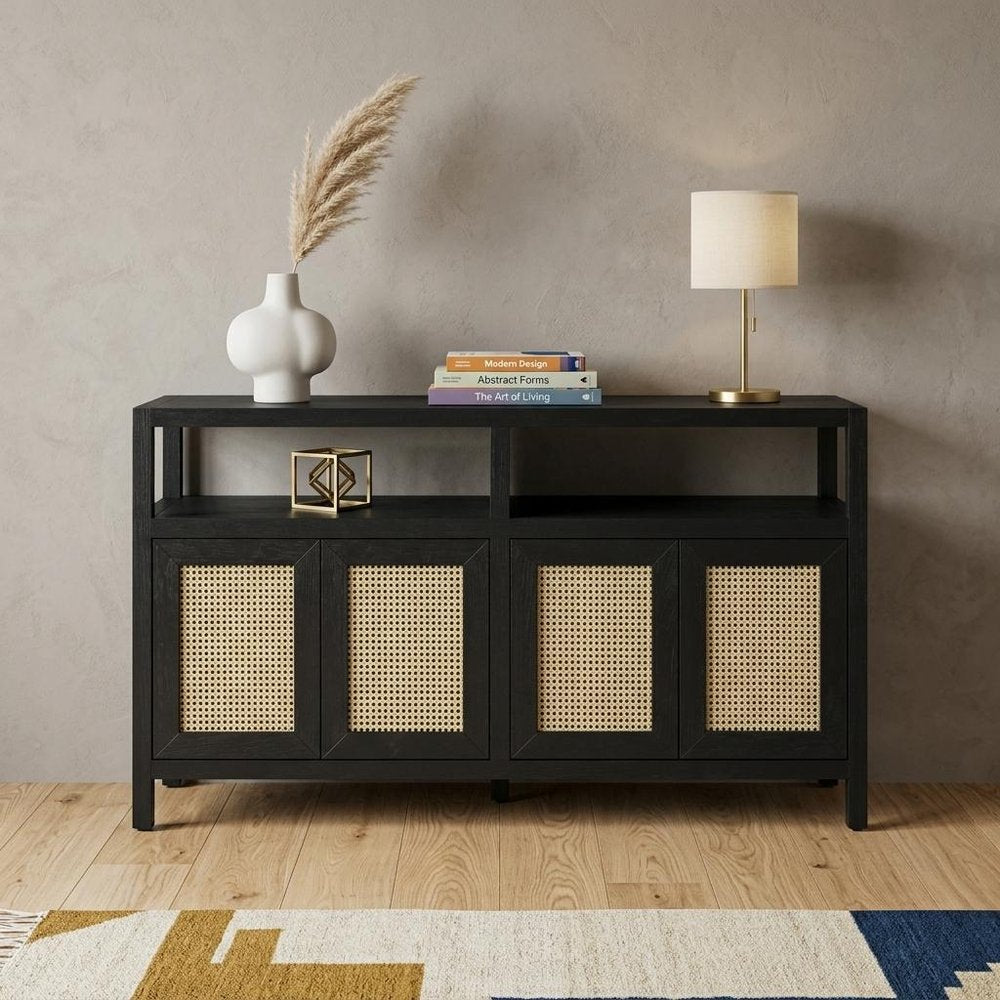60" Black Wood Buffet Table With Four Doors