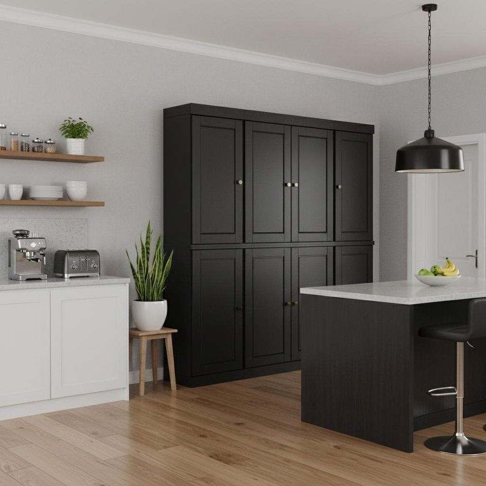 72" Black Solid Wood 8 Two Drawer Pantry Or Storage Closet