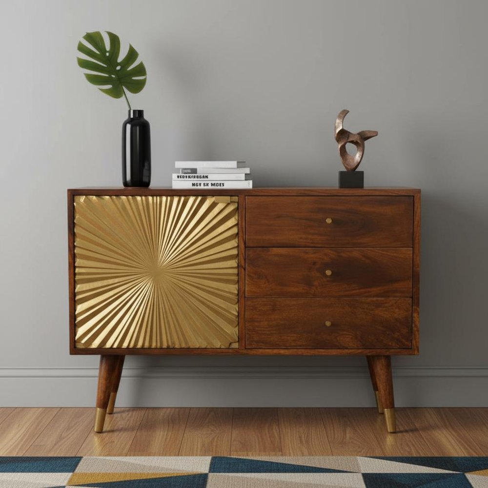 33" Brown Solid Wood Four Drawer Sideboard