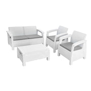 Four Piece White and Beige Plastic Upholstered Cushions Outdoor Patio Set With Table