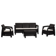 Four Piece Espresso and Beige Plastic Upholstered Cushions Outdoor Patio Set With Table