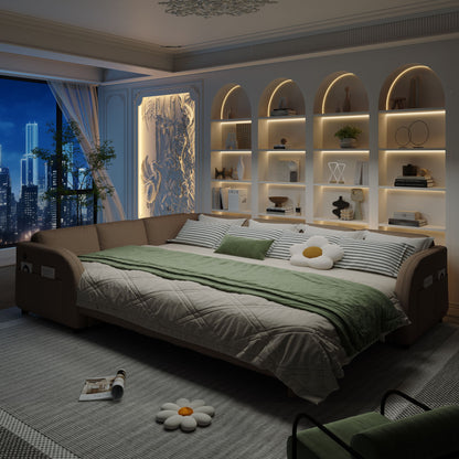 L-Shaped Couch With Pull-Out Bed, Convertible Sleeper Sofa With Side Pocket & USB Port