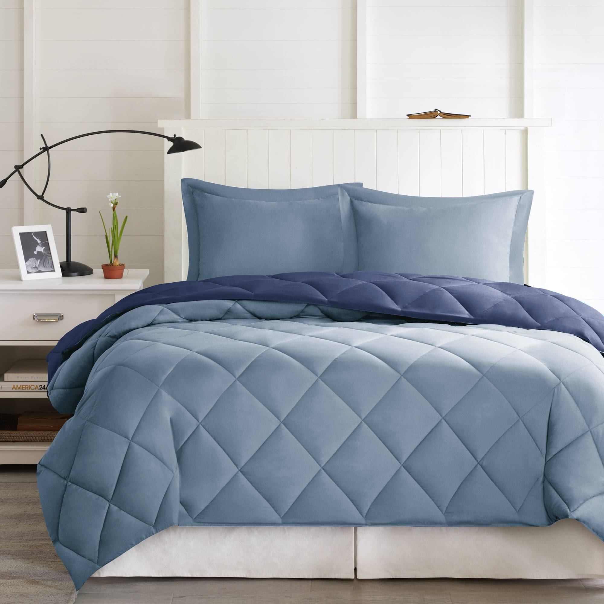 Larkspur - 3M Scotchgard Diamond Quilting Reversible Down Alternative Comforter Set - Navy / Light Blue