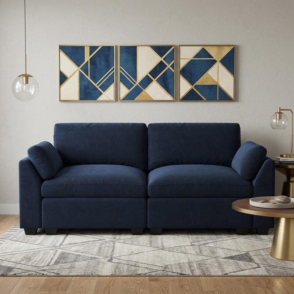 75" Navy Blue and Black Velvet Modular Loveseat