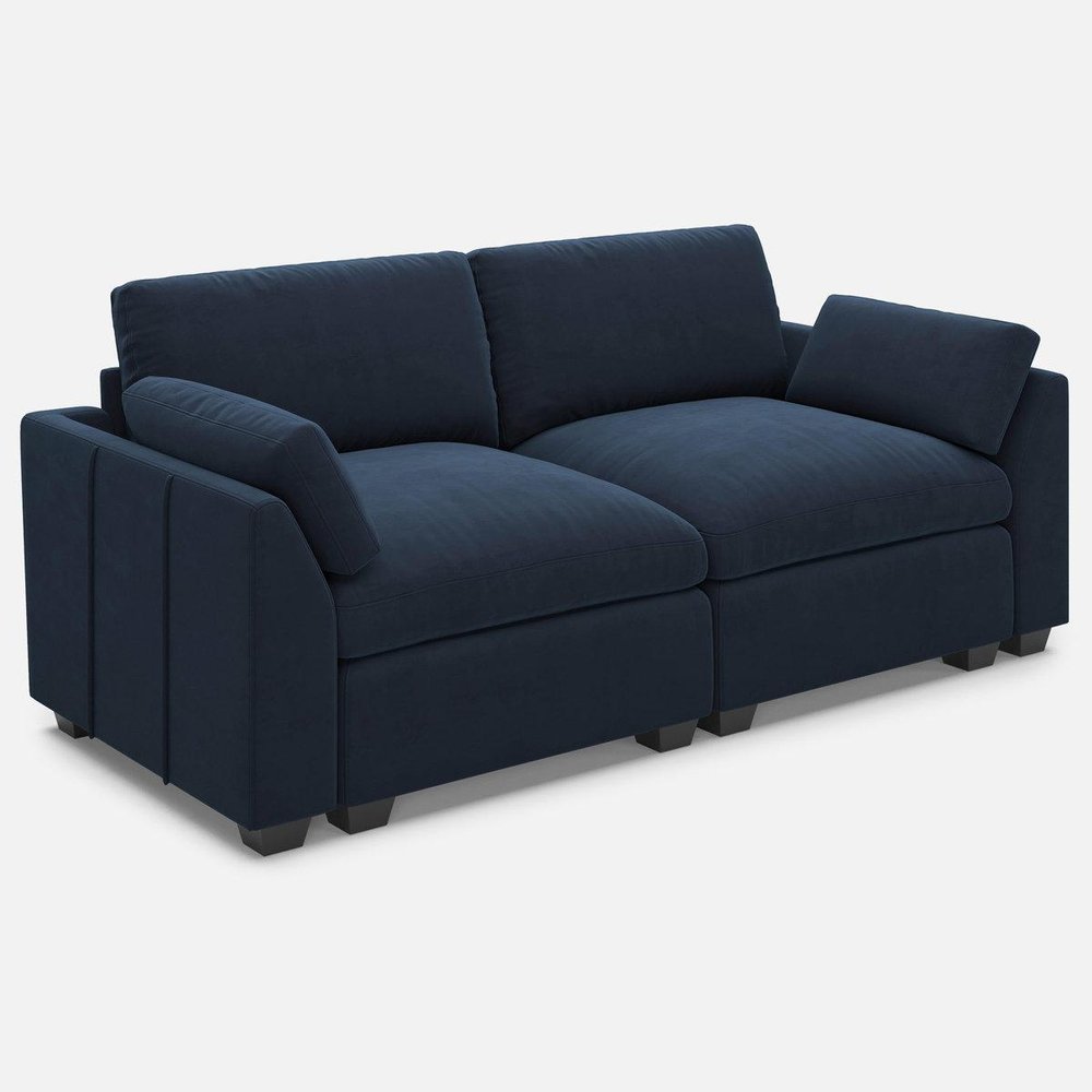 75" Navy Blue and Black Velvet Modular Loveseat